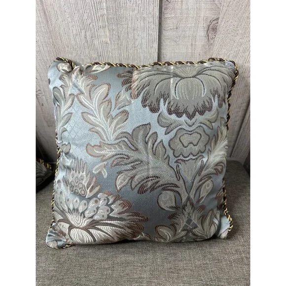 Decorative Pillow Set Jacquard Tapestry Fabric Corded Trim 2 Square and Bolster - Picture 3 of 8